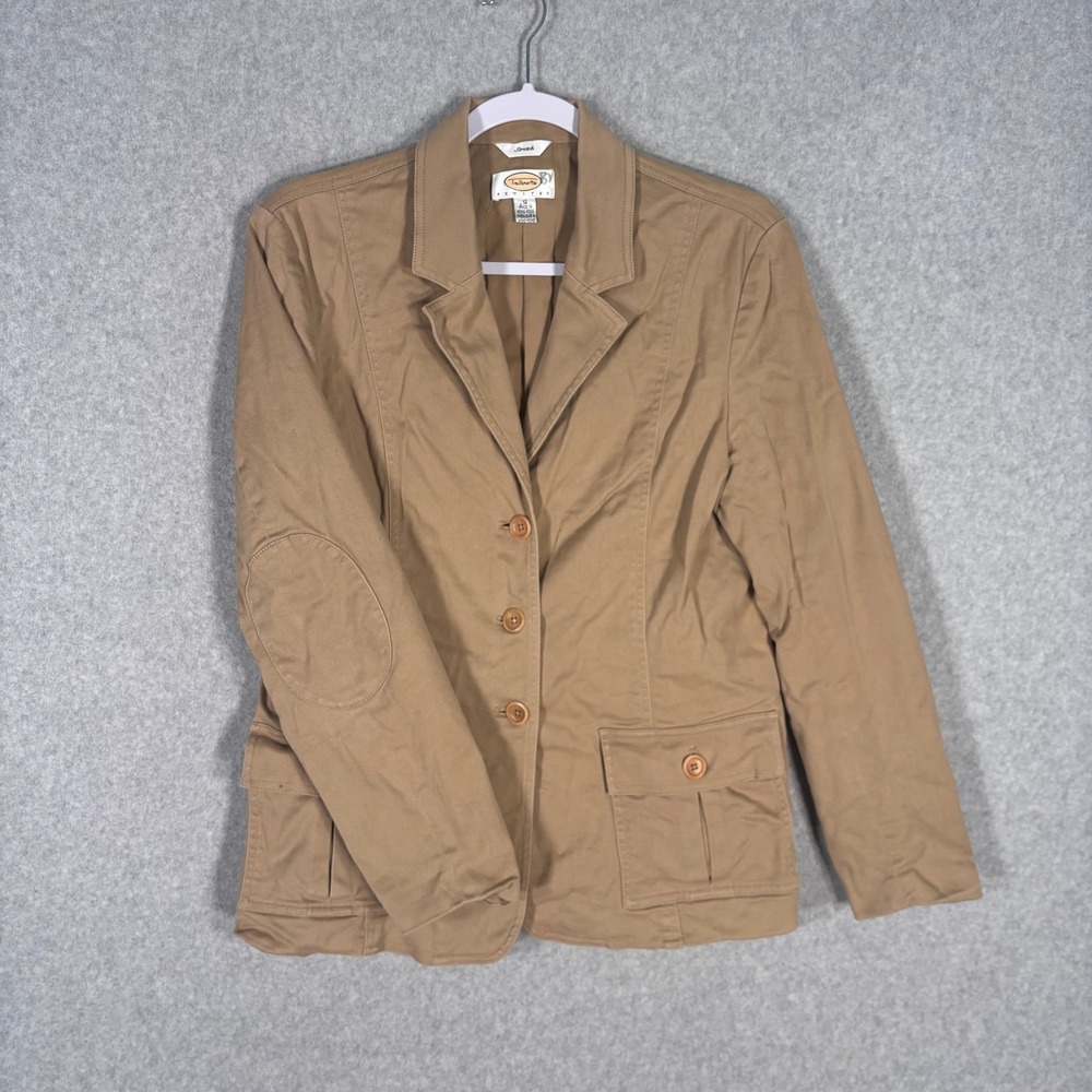 VTG Talbots‎ Utility Blazer Elbow Pad Jacket 12P Tan Stretch Equestrian Academia